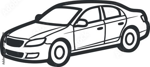 A side view illustration of a sedan car in simple black and white outline vector style, suitable for transportation-related projects