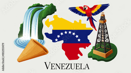 Venezuela travel illustration with map flag, Angel Falls waterfall, macaw, oil rig and traditional food icon, tourism concept