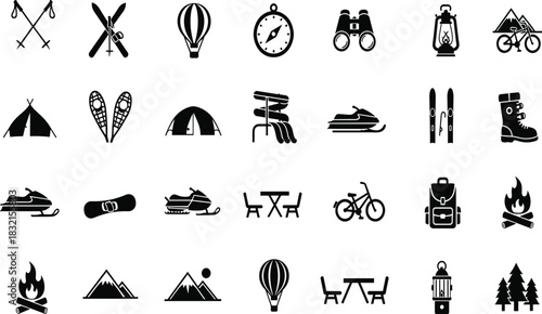 Collection of black outdoor recreation and adventure icons camping hiking