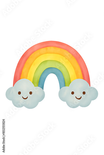 Watercolor style rainbow with smiling cartoon clouds, a cheerful and colorful illustration for kids.