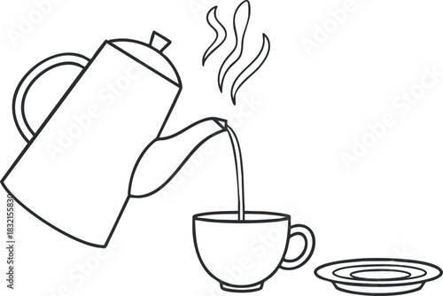 A teapot pouring hot beverage into a cup with steam rising, in minimalist outline vector style, perfect for kitchen and café branding