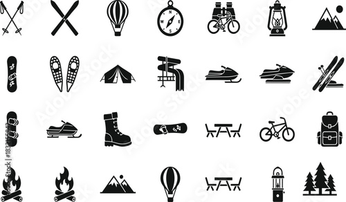 Collection of black outdoor recreation and adventure icons on white background ski poles