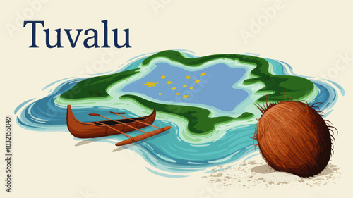 Tuvalu island travel illustration with traditional canoe, coconut on tropical beach and national flag stars in blue lagoon map