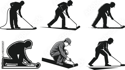 Flooring Installation Techniques, Black-and-White Worker Illustrations, Kneeling and Cutting Poses, Vinyl or Carpet Tools, Home Improvement, Manual Labor, Ergonomics, Detail