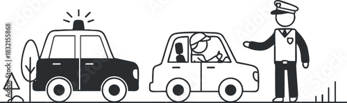 A police officer directing traffic with a police car in a black and white minimalist vector style, suitable for law and safety illustrations