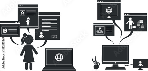 A girl interacting with multiple computer screens displaying profiles and data in a black and white minimalist vector style, ideal for educational and technology-related projects