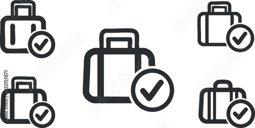 A collection of suitcase icons with checkmarks in outline vector style, ideal for travel and luggage branding