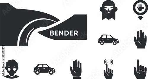 A collection of icons including a car, hands, and a character in flat black and white vector style, suitable for transportation and communication themes