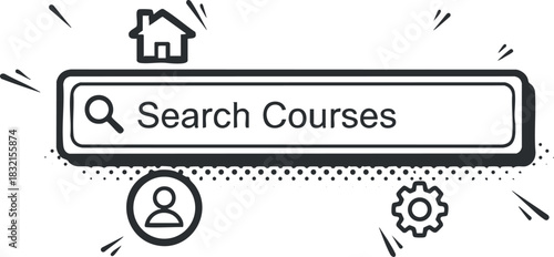 A search bar for courses with home and user icons in a minimalist vector style, ideal for educational platforms and websites