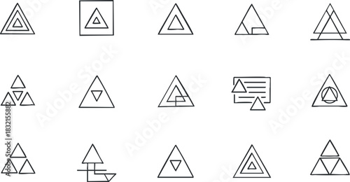 A collection of geometric triangle icons in minimalist outline vector style, suitable for modern design projects and creative applications