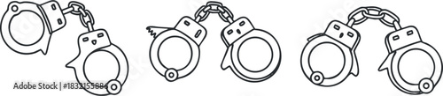 A collection of handcuffs in black and white outline vector style, ideal for law enforcement and crime-related designs