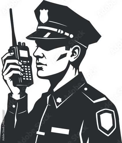 A police officer communicating via a radio in a black and white silhouette vector style, ideal for law enforcement graphics
