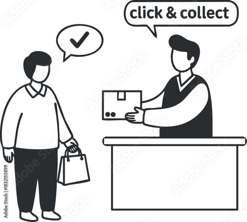 A customer receiving a package at a store counter in black and white minimalist vector style, ideal for e-commerce and retail branding
