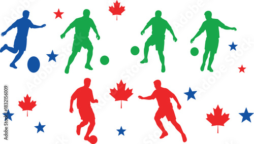 Red green blue soccer players with Canadian maple leaves and stars football silhouette