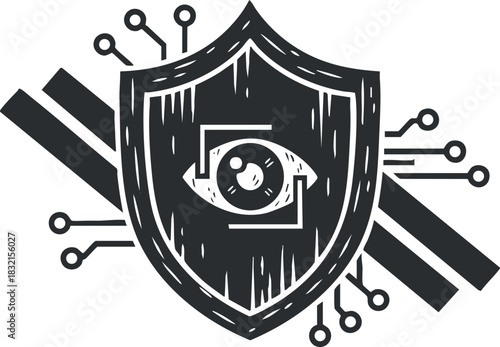A shield with an eye symbol and circuit lines in black and white outline vector style, ideal for cybersecurity design