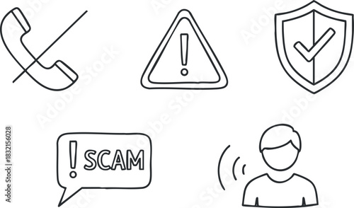 A collection of scam alert icons including a crossed phone, warning signs, and a checkmark in minimalist outline vector style, suitable for security awareness campaigns