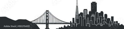 A silhouette of the San Francisco skyline with the Golden Gate Bridge in minimalist black and white vector style, ideal for travel and city-themed projects
