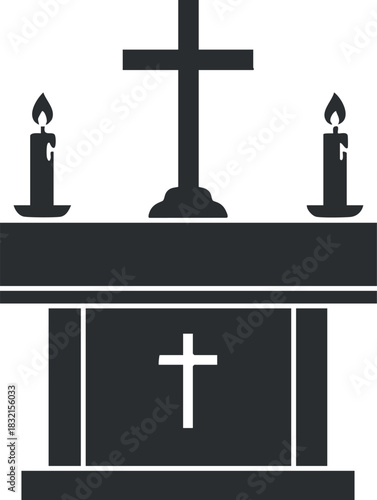 A religious altar featuring a cross and candles in minimalist black vector style, suitable for faith-based design projects