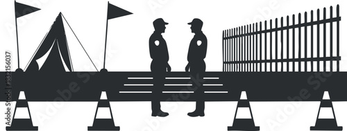 A silhouette of two construction workers discussing near a tent and a fence in minimalist vector style, suitable for safety and industry themes