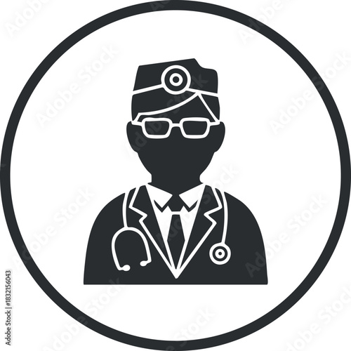 A doctor icon in black and white vector style, suitable for healthcare and medical applications