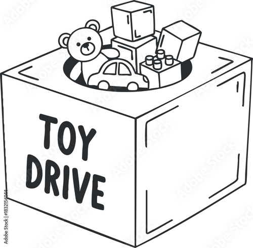 A toy donation box filled with a teddy bear, toy car, and building blocks in black and white outline vector style, perfect for charity events and holiday drives.