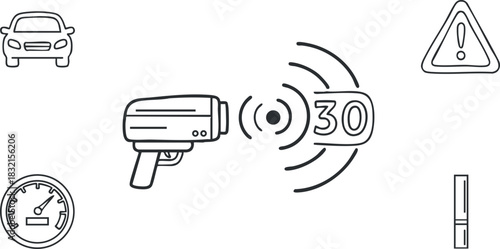 A speed camera illustration with a speed limit sign and various traffic-related icons in black and white minimalist vector style, suitable for road safety campaigns