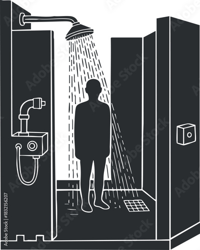 A minimalist vector illustration of a person showering under a showerhead in a modern bathroom, ideal for wellness and hygiene themes