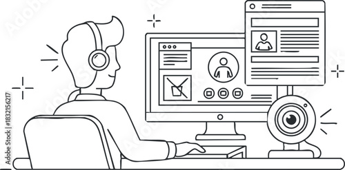 A person attending an online meeting using headphones and a computer in minimalist line art vector style, suitable for digital communication concepts