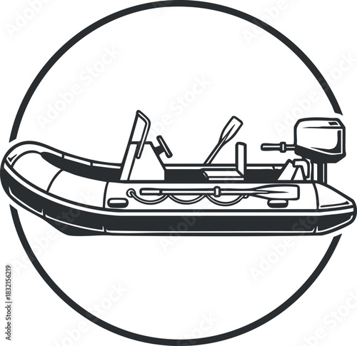 An inflatable rubber boat with an outboard motor in a black and white minimalist vector style, suitable for outdoor adventure themes