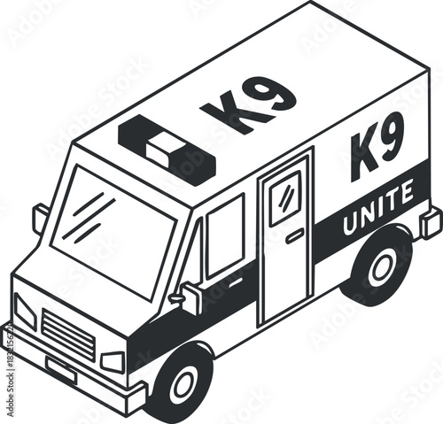 A K9 ambulance vehicle illustration in black and white outline vector style, ideal for emergency service graphics