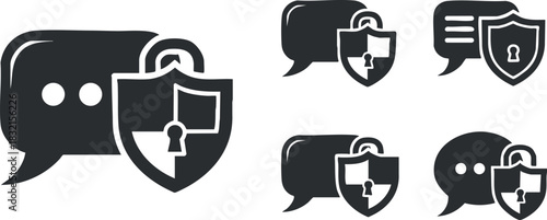 A set of security chat icons featuring shields and locks in black and white outline vector style, ideal for technology and communication projects