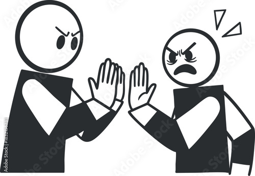 A confrontation between two angry characters in black and white minimalist vector style, suitable for illustrating conflict in discussions