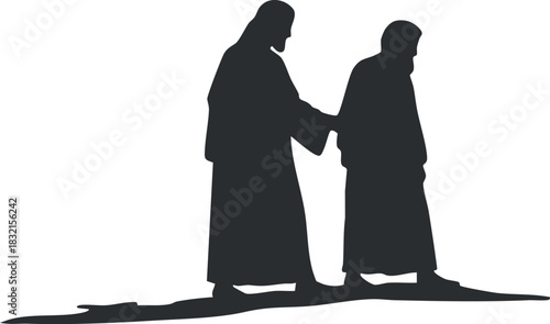A silhouette of two figures walking together in minimalist vector style, representing companionship and support in a spiritual context