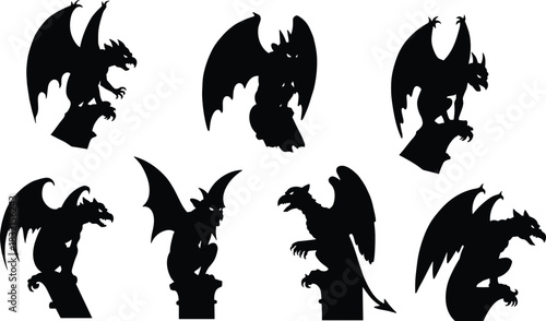 Gargoyle Silhouettes on Architectural Ledges, Winged Statues with Claws, Gothic Design, Cathedral Ornamentation, Mythical Creatures, Halloween Theme, Dark Fantasy