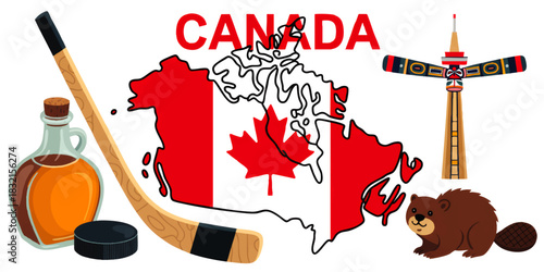 Canada symbols illustration with maple leaf flag map, hockey stick, beaver, maple syrup and totem pole on transparent background