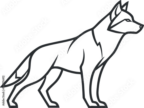 A stylized outline illustration of a wolf standing elegantly in minimalist vector style, suitable for wildlife-themed designs