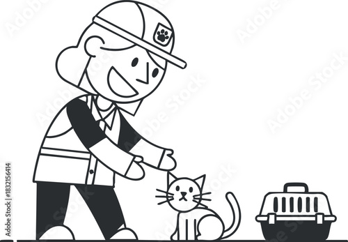 A veterinarian interacting with a cat in a black and white line art vector style, perfect for animal care and pet service themes
