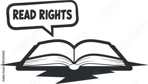 An open book with the text 'Read Rights' in a speech bubble, designed in a black and white minimalist vector style, suitable for educational and advocacy purposes