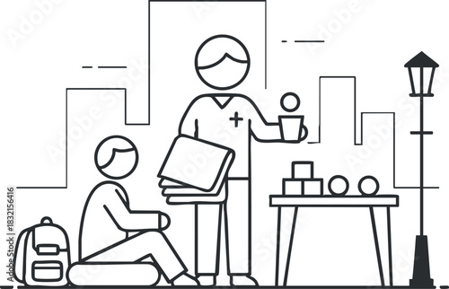 A scene depicting volunteers assisting individuals in need with resources in a minimalist line art vector style, ideal for social campaigns and community outreach projects