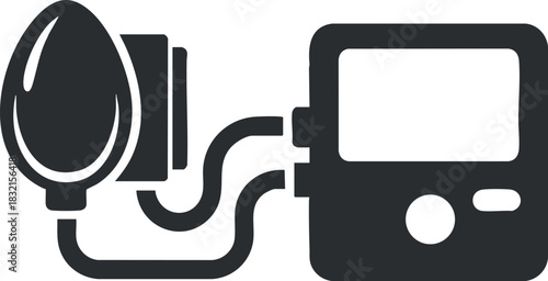 A blood pressure monitor with an inflatable cuff and digital display in a minimalist black and white vector style, ideal for healthcare and medical applications