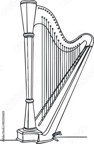 A detailed outline of a harp in minimalist vector style, perfect for music-related projects and artistic designs