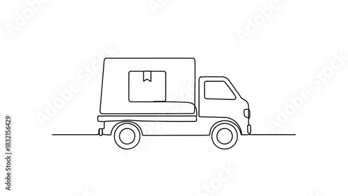 Continuous line drawing of a delivery truck with a package inside, symbolizing efficient logistics and shipping services.