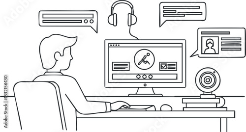 A person working on a computer with a webcam and headphones in a clean line art vector style, ideal for illustrating remote work scenarios