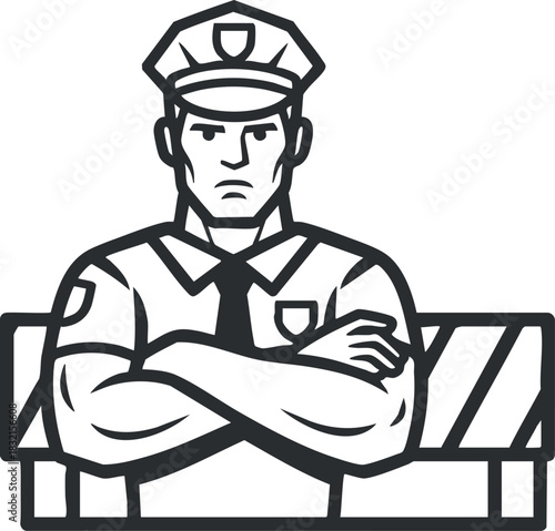 A police officer standing with arms crossed in black and white vector style, ideal for law enforcement graphics