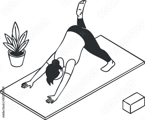 A person performing a yoga pose on a mat in black and white minimalist style, suitable for wellness and fitness themes