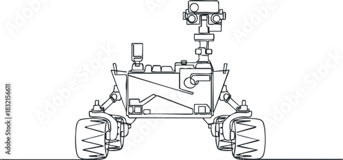 A detailed outline illustration of a robotic rover in line art vector style, suitable for technology and space exploration projects