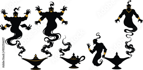 Genie Silhouettes Emerging from Lamps, Muscular Figures with Gold Accessories, Smoke Forms, Mythical Beings, Fantasy Theme, Black and Gold Design, Magic