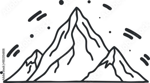 A minimalist outline illustration of three mountain peaks in black and white vector style, suitable for outdoor adventure themes