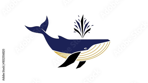 Elegant blue whale illustration with water spout and golden details.