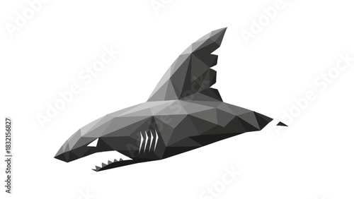 Monochrome 3D rendering of a geometric low poly shark figure.